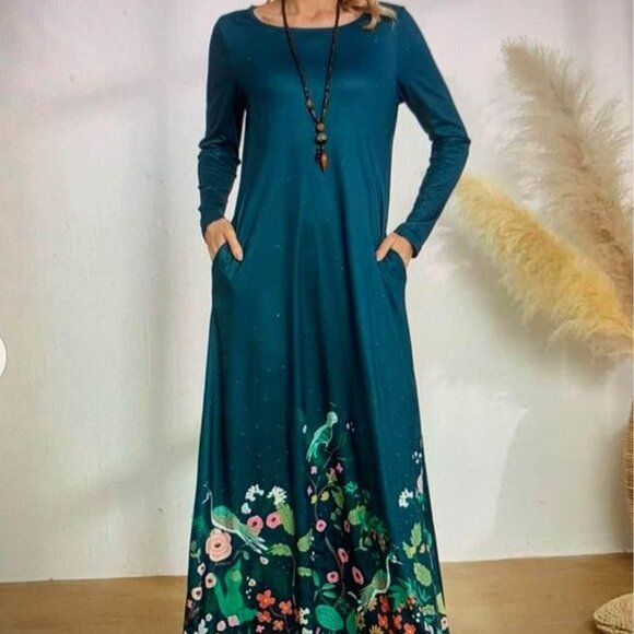 Ladies Large Maxi dress Green with floral & bird print - Picture 6 of 12